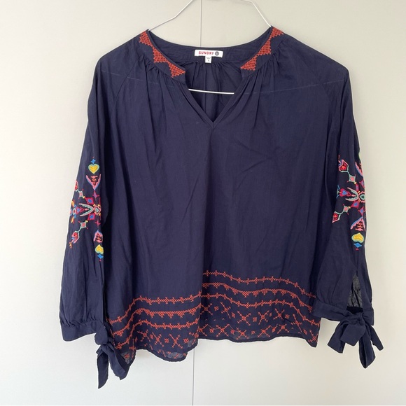 SUNDRY x ANTHROPOLOGIE Embroidered Tied Cuffs Navy Blue Peasant Blouse - Picture 1 of 7